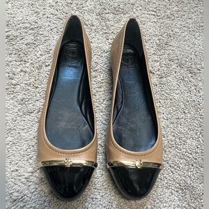Tory Burch Tan and Black Flats with Gold Accent